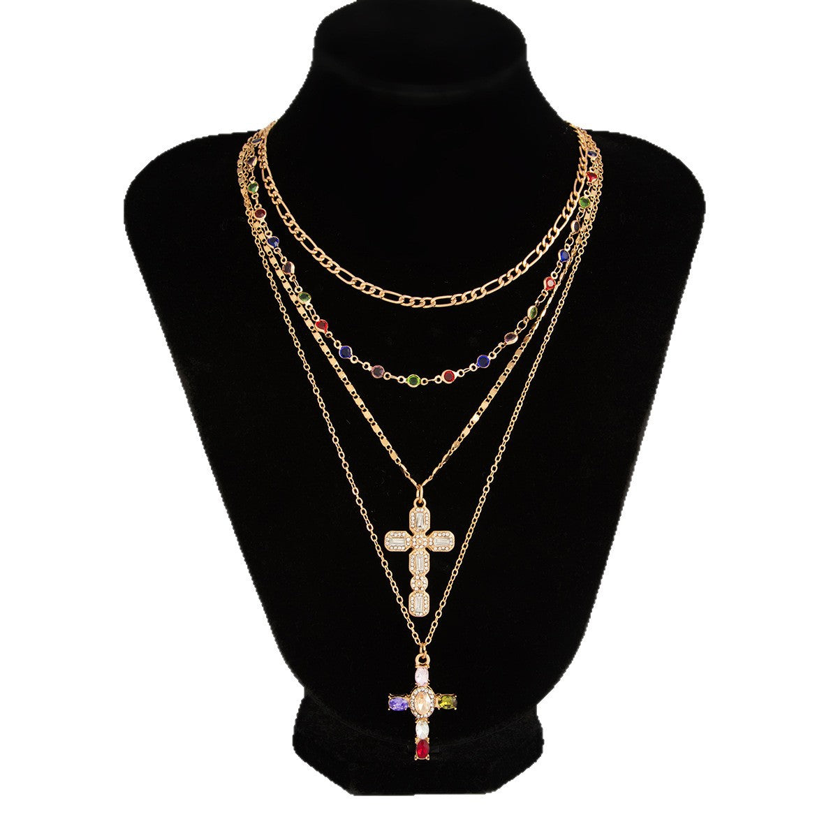 Hip-hop Casual Rhinestone Crystal Inlaid Cross Alloy Pendant Necklace Colorful Chain Set for Women