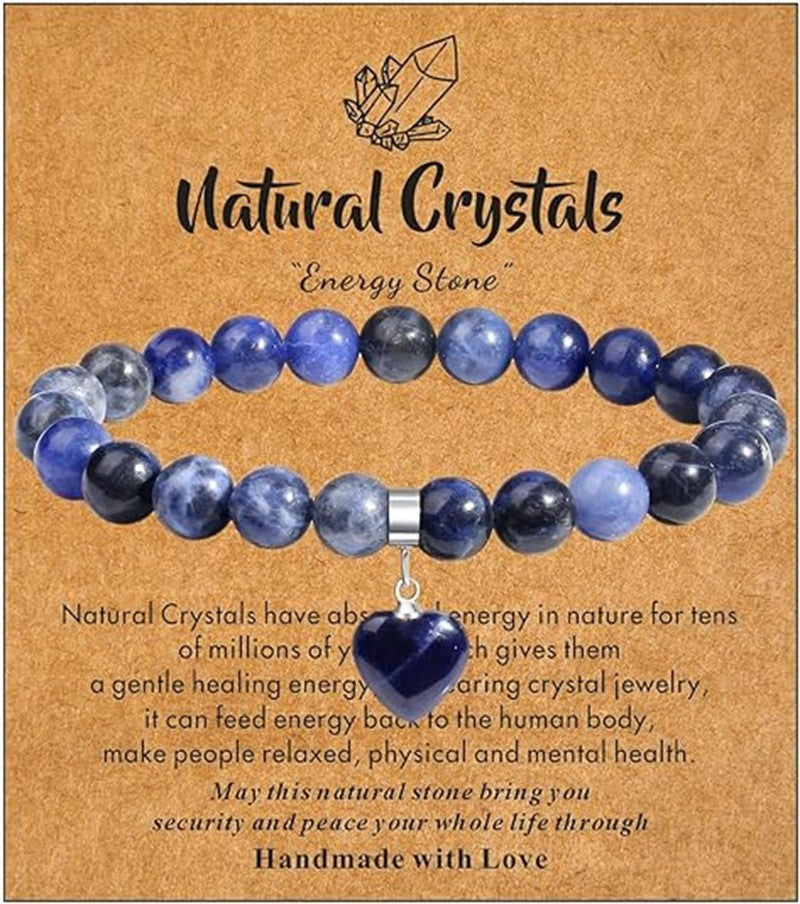 Minimalist Natural Stone Beaded Bracelet with Heart Pendant Unisex Elastic Stretch Bangle
