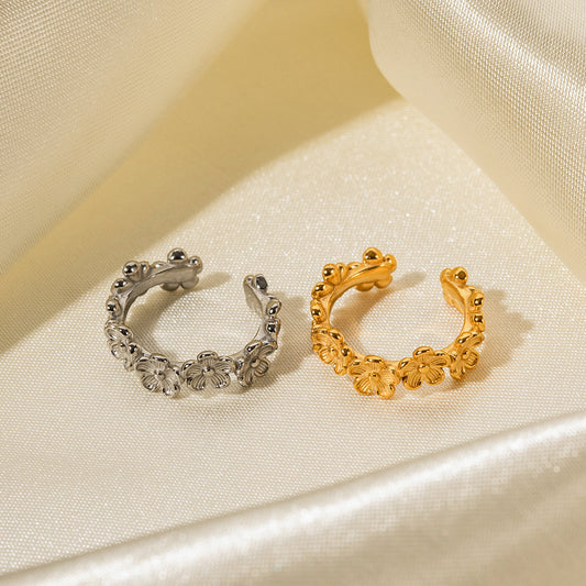 Trendy 18K Gold Plated Stainless Steel Flower C-Shape Ring for Women