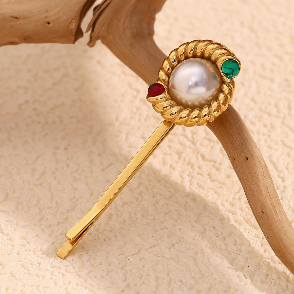 Fermaglio per Capelli da Donna con Design a Corda Intrecciata in Acciaio Inossidabile, Placcato Oro 18K e Dettagli in Perle, Ispirato al Gusto Vintage