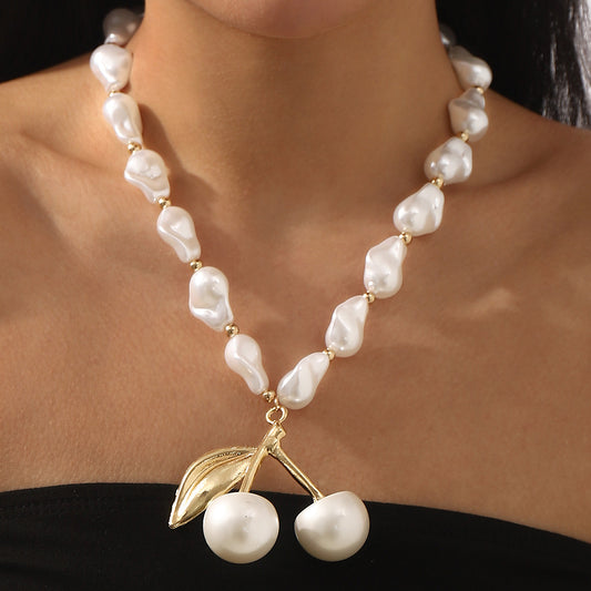 French Baroque Irregular Cherry Pendant Necklace in Alloy with Simulated Pearl Accents and Plated Finish for Women