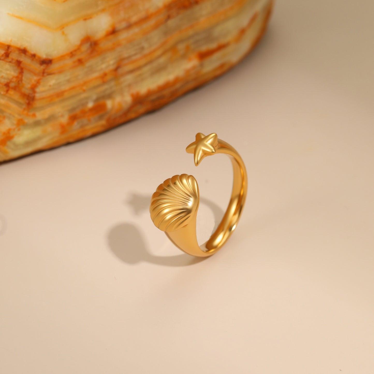 Minimalist Stainless Steel Star-Shaped Geometric Open Ring with 18K Gold Plating for Women