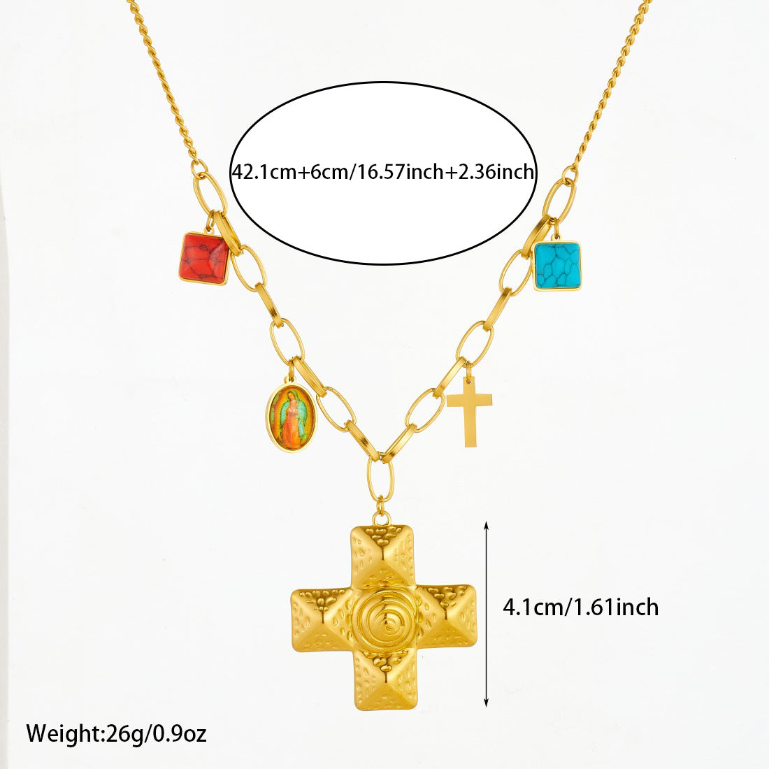 Hip-hop Gold Plated Stainless Steel Cross Geometric Pendant Necklace with Turquoise and Irregular Chain