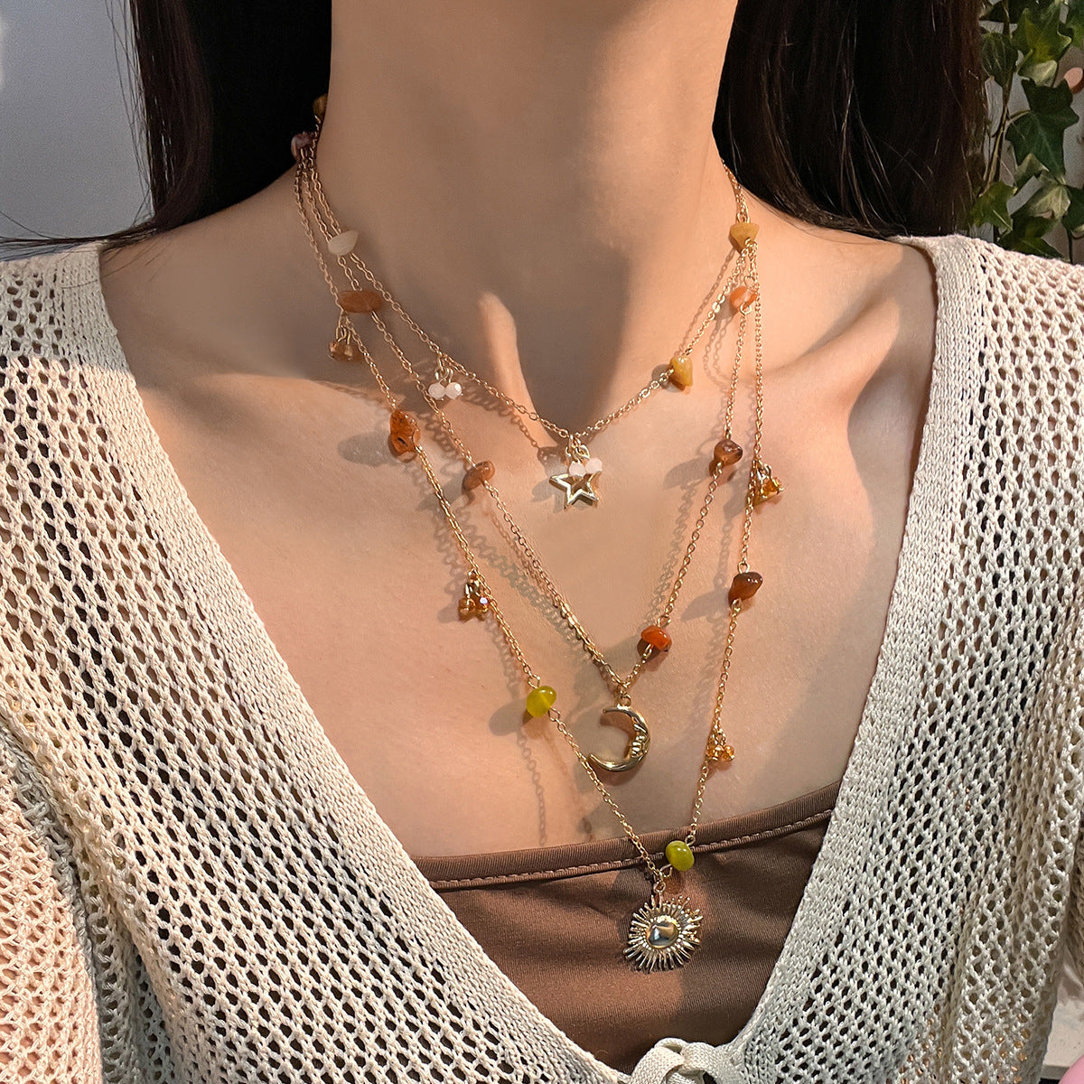 Bohemian Vintage Geometric Moon Zinc Alloy Plated Necklace Set with Tassel for Women