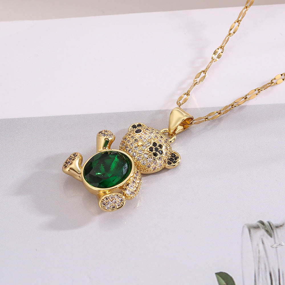 Cute Minimalist Bear-Shaped Copper Necklace with Real Gold Plating and Zircon Inlay for Women