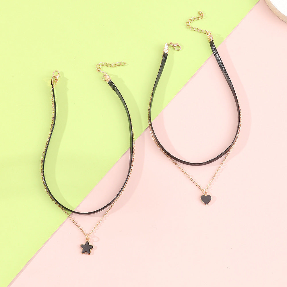Collana con ciondolo a doppio strato cuore e stella in stile Rock Hip Hop per ragazze, in lega con finitura smaltata