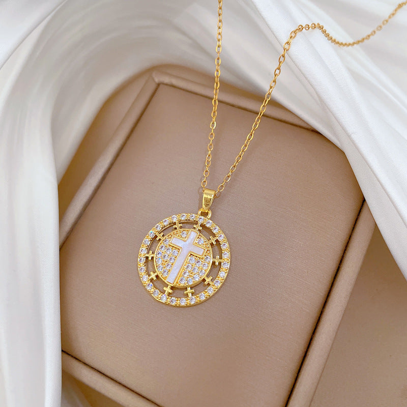 Minimalist Round Cross Pendant Necklace for Women Stainless Steel Snake Chain with Rhinestone Inlay