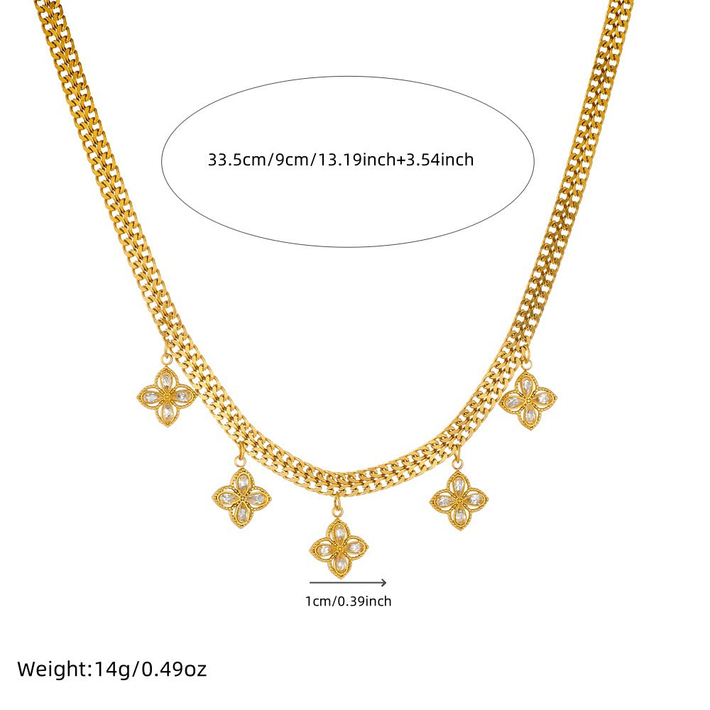 Collana con Ciondolo Trifoglio a Quattro Foglie Floreale alla Moda in Acciaio Inossidabile Placcato Oro con Catena a Serpente per Donna