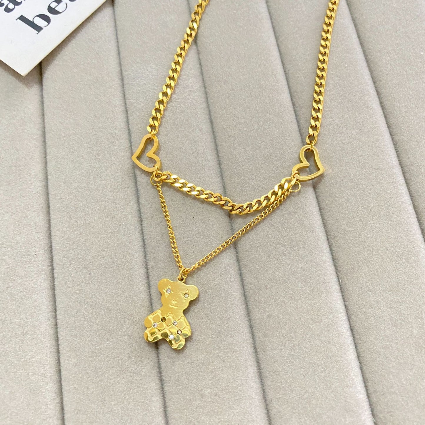 Cute Minimalist 18K Gold Plated Titanium Steel Micro-set Cubic Zirconia Bear Pendant Necklace with Tassel