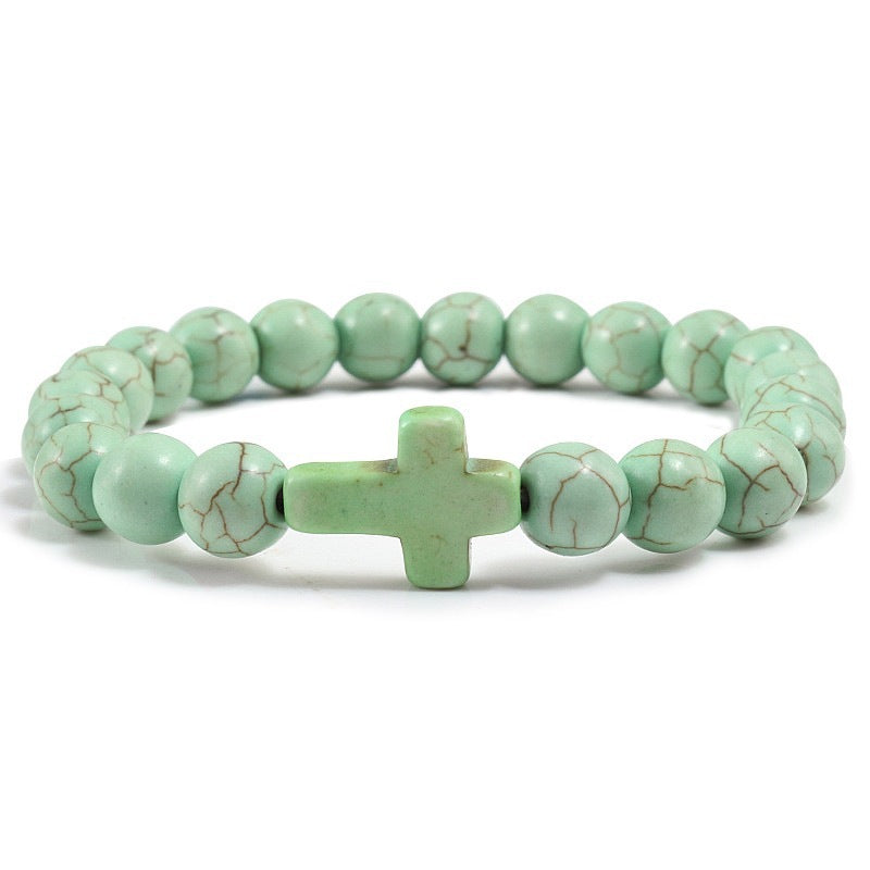 Natural Turquoise Cross Beaded Bracelet 8mm Round Stone Unisex Handmade Jewelry