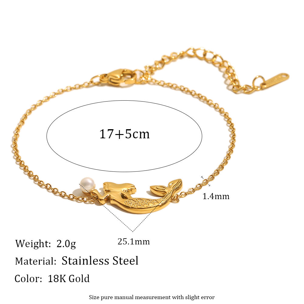 Set di collana e bracciale da donna con ciondolo a sirena, minimalista, in acciaio inossidabile con placcatura in oro 18 carati e perle simulate
