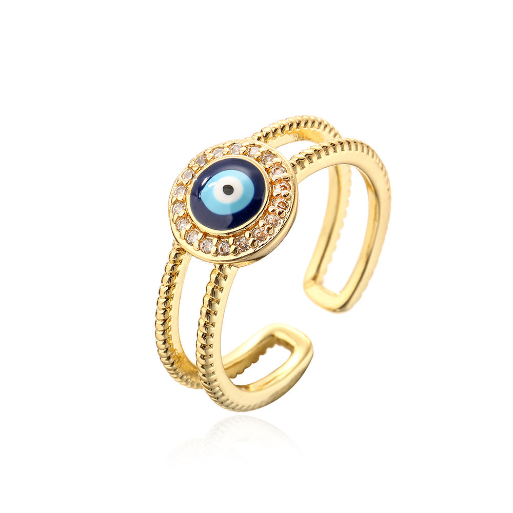 Anello Geometrico a Occhio Aperto da Donna in Rame con Placcatura in Oro 18K e Finitura Smaltata con Intarsio in Zirconi
