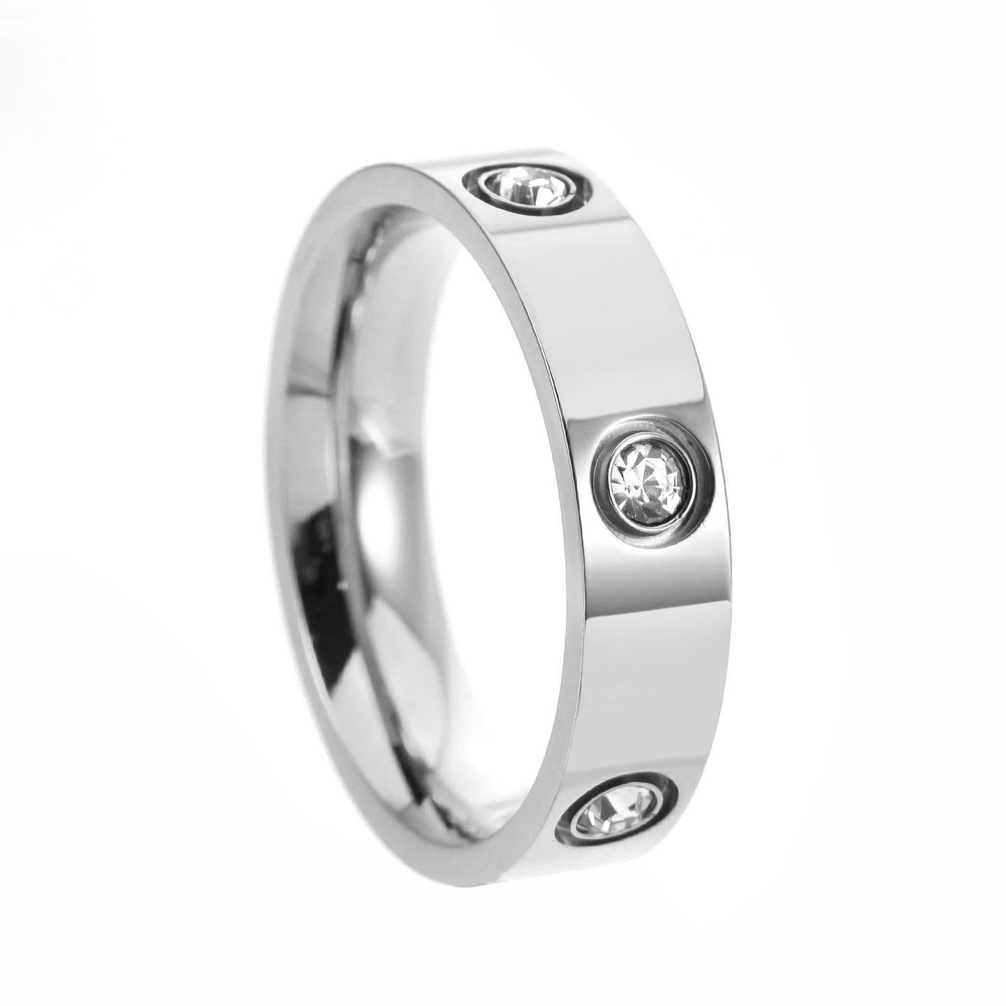 Luxury Minimalist Geometric Round Titanium Steel Plated Ring with 6 Rhinestones for Unisex