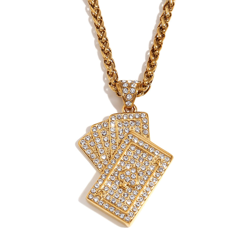 Minimalist Poker Card Pendant Necklace for Women Stainless Steel with 18K Gold Plating and Full Rhinestone Inlay on Adjustable Chain