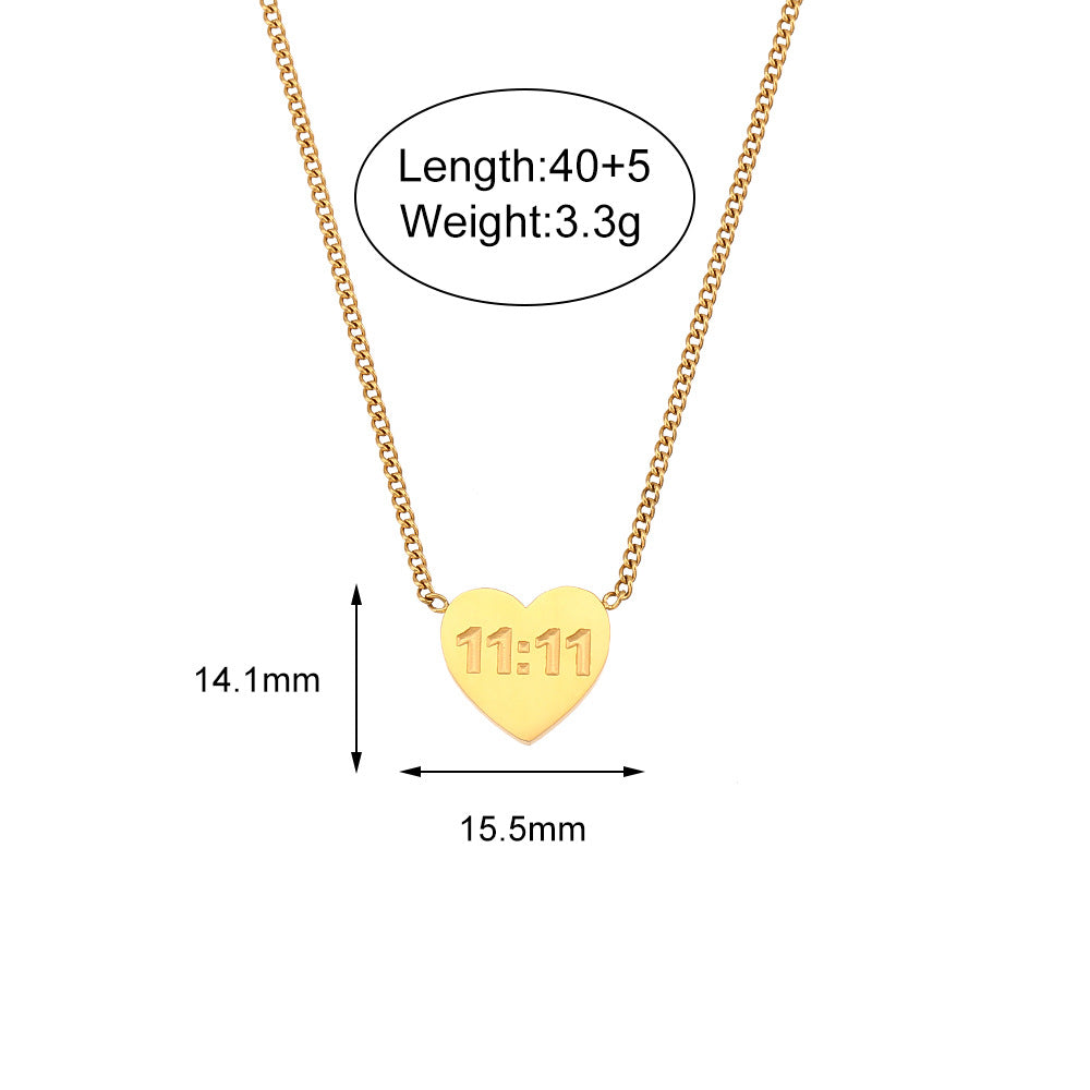 Collana Minimalista con Pendente a Cuore 11:11 in Acciaio Inossidabile Placcato Oro per Donna