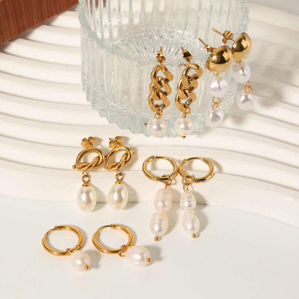 Elegant Baroque-Style Geometric Freshwater Pearl Earrings in Titanium Steel with 18K Gold Plating for Women