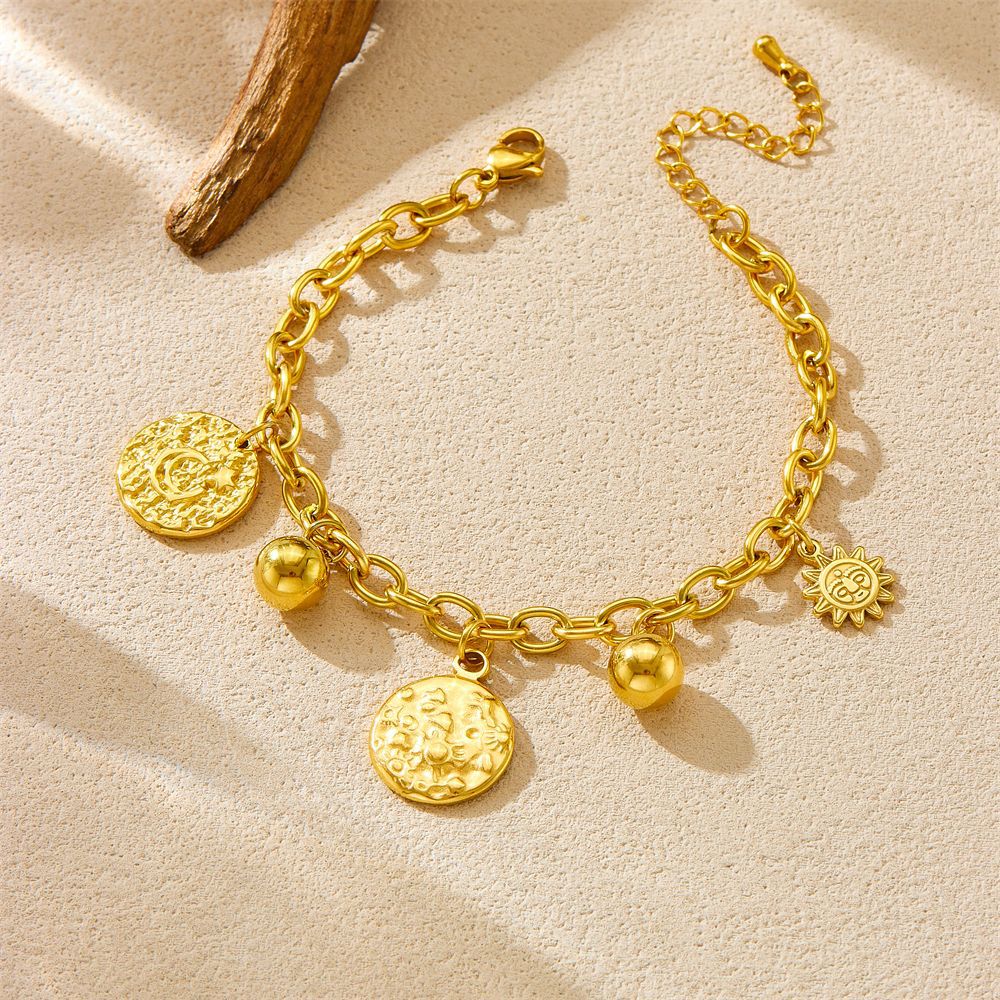 Bracciale Pendente Vintage Sole e Luna Irregolare con Catena in Acciaio Inossidabile e Finitura Placcata