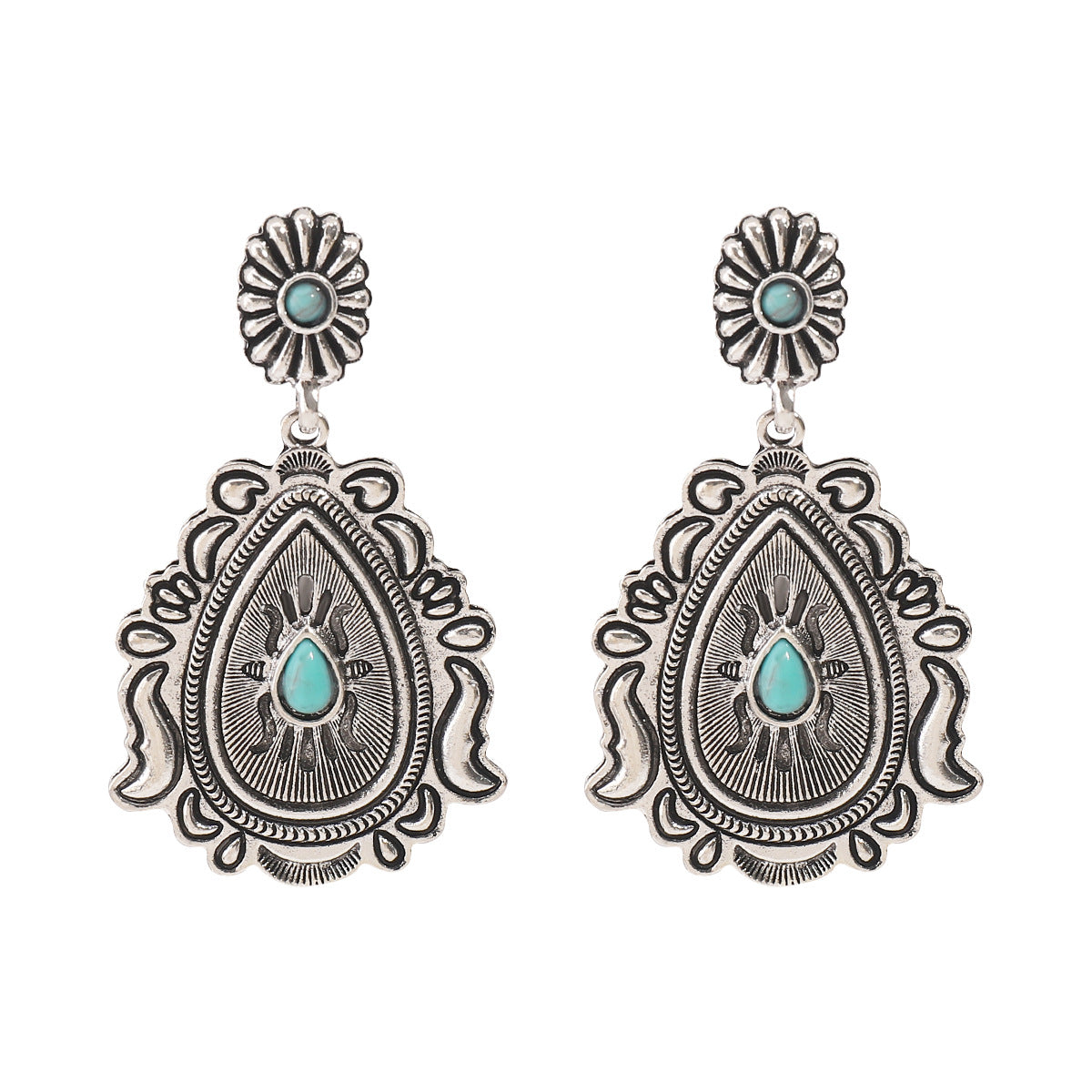 Pendientes vintage bohemios geométricos de filigrana con incrustaciones de turquesa en base de aleación con acabado chapado