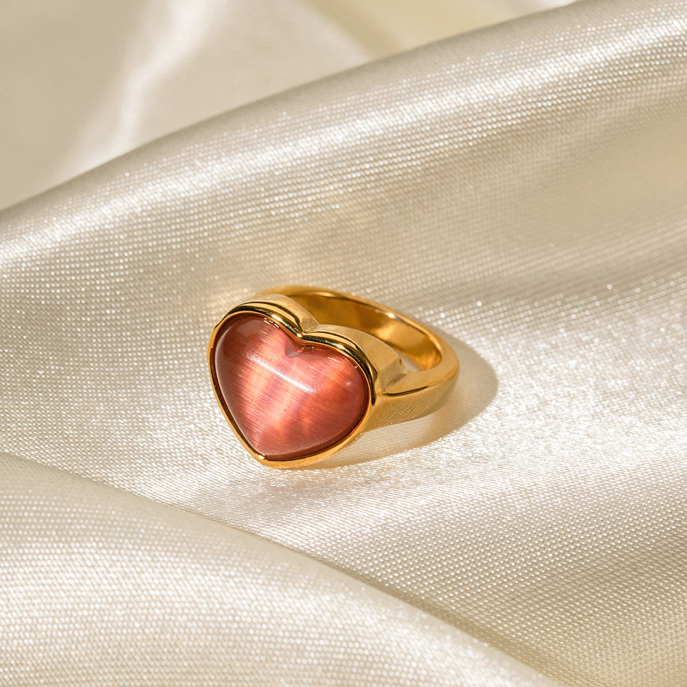 Trendy 18K Gold Plated Heart Pink Cat's Eye Stainless Steel Ring for Women