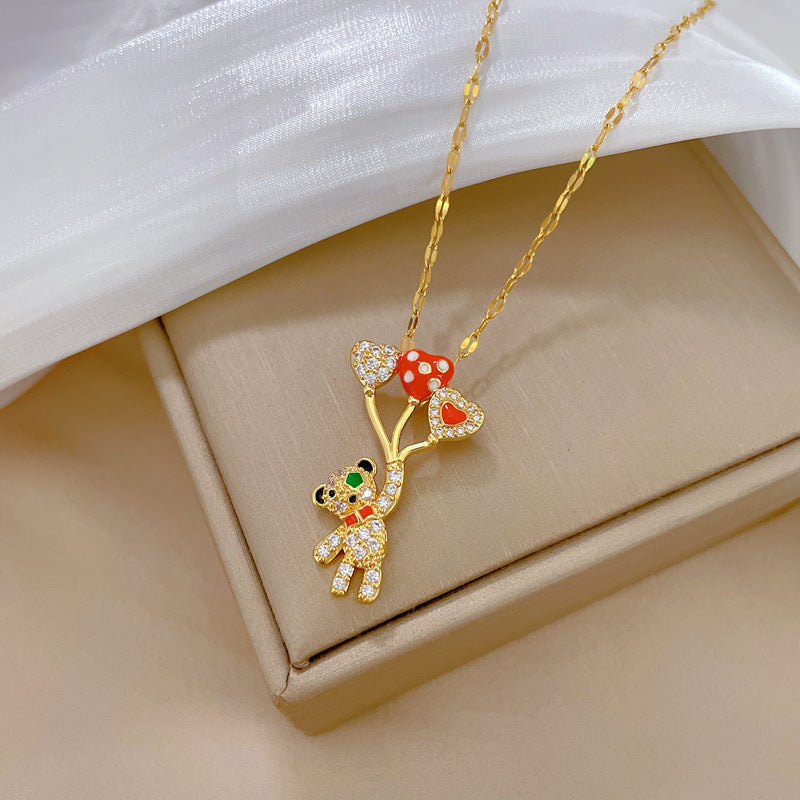 Luxury Titanium Steel Geometric Bear Pendant Necklace for Women with Rhinestone Inlay and Delicate Clavicle Chain