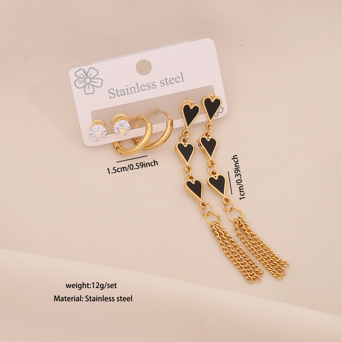 Fashionable OL Style Heart-Shaped Titanium Steel Earrings Set with Electroplated Finish and Floral Six-Petal Flower Design for Women