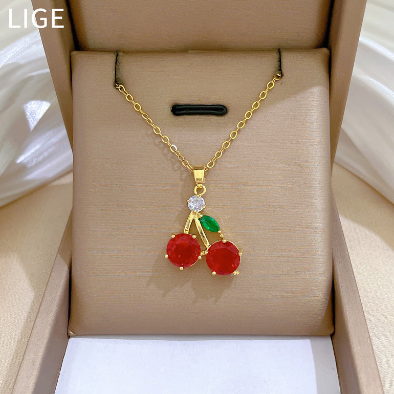 Cartoon Style Cherry-Shaped Stainless Steel Necklace with Rhinestone Inlay for Women and Men, Delicate Clavicle Chain