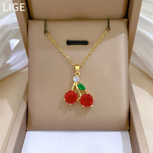 Cartoon Style Cherry-Shaped Stainless Steel Necklace with Rhinestone Inlay for Women and Men, Delicate Clavicle Chain