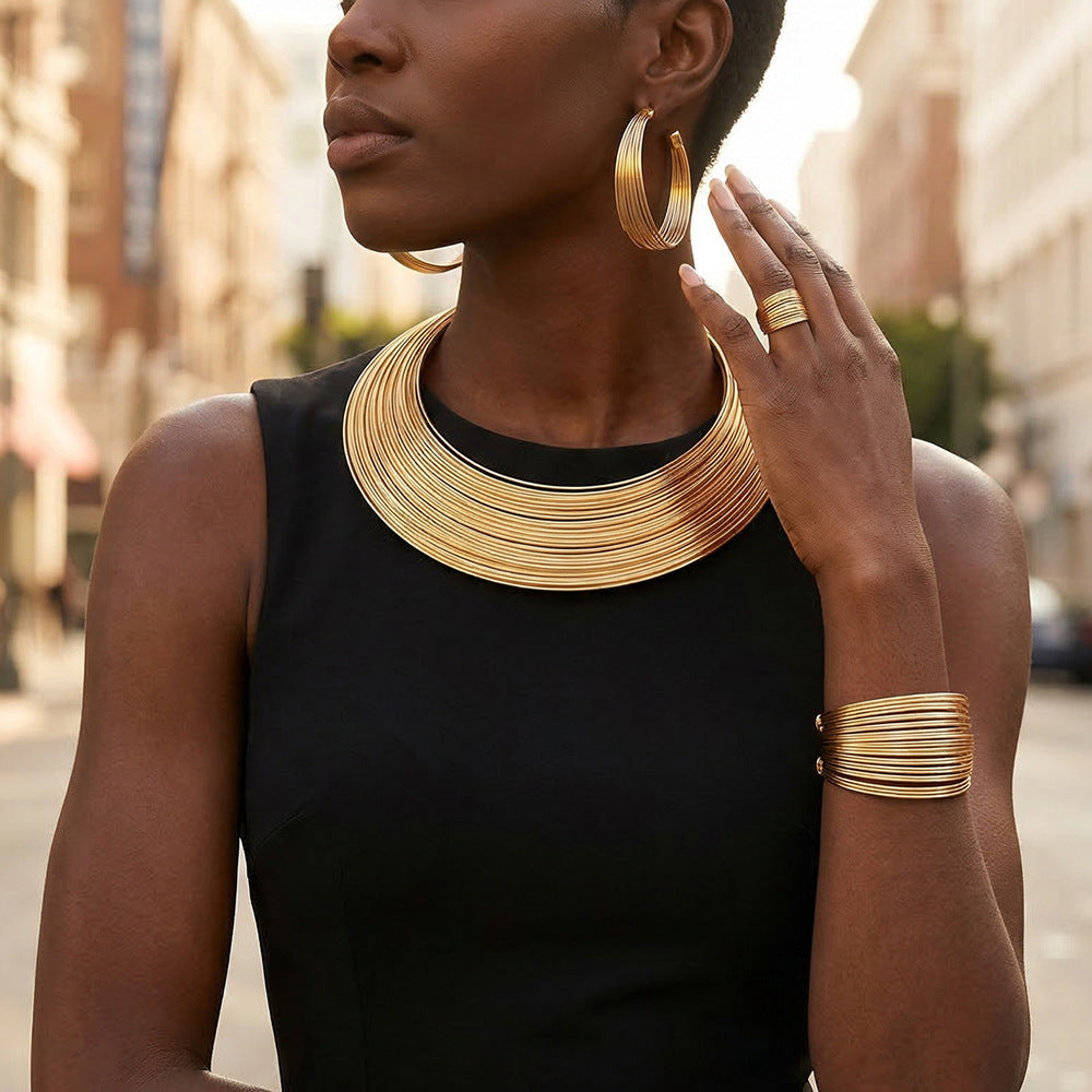 Multi-Layer Geometric Round Plated Alloy Jewelry Set Necklace Bracelet Earrings