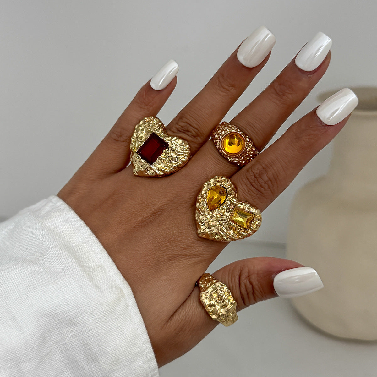 Streetwear Alloy Heart Ring with Rhinestone Inlay Plated Finish for Women