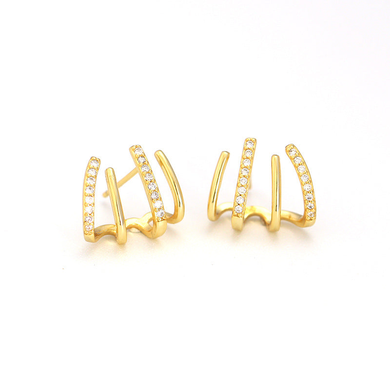 Minimalist Elegant 925 Sterling Silver Geometric Micro-Inlaid Cubic Zirconia Line Stud Earrings for Women