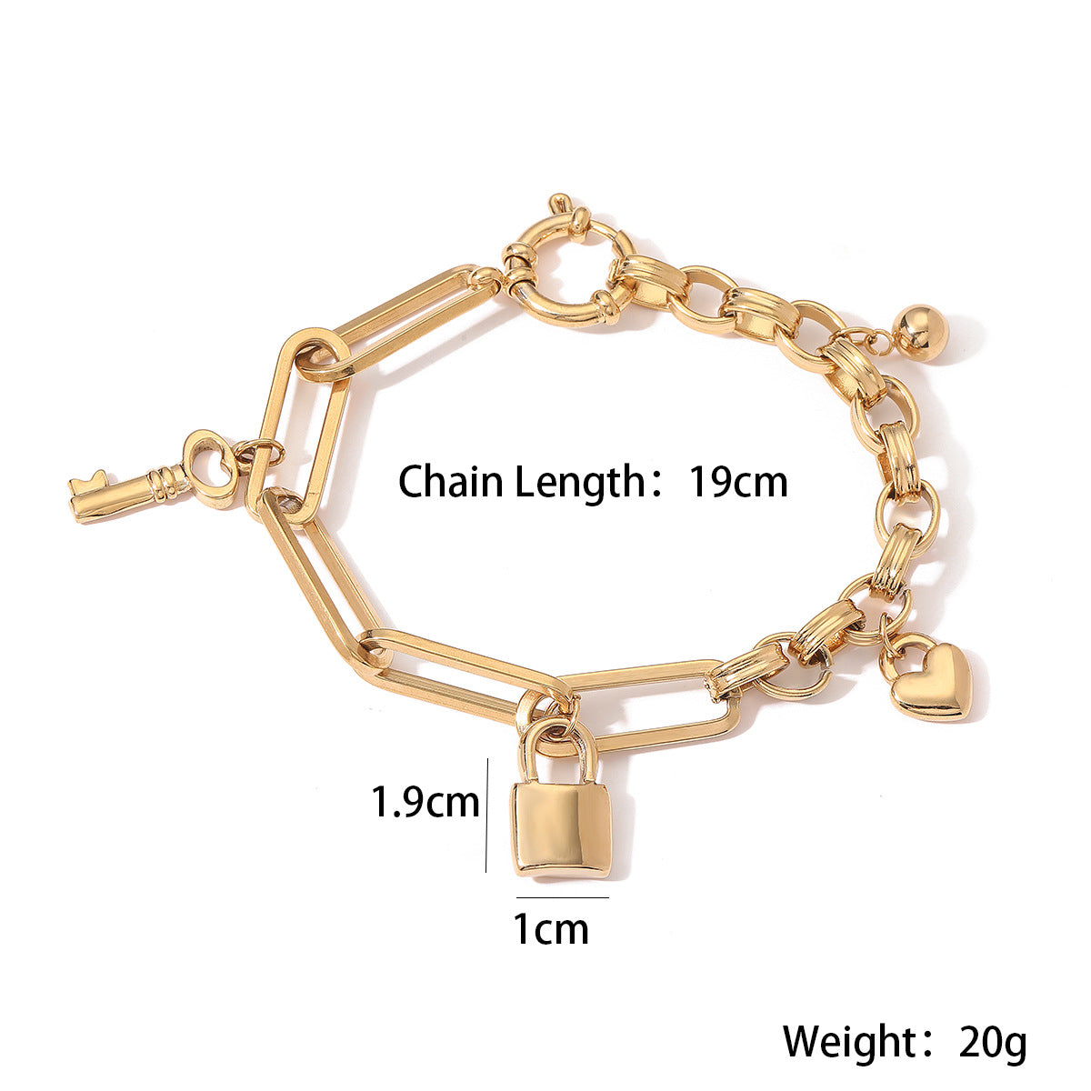 Minimalist Heart Lock Key Pendant Bracelet for Women in Titanium Steel with 18K Gold Plating