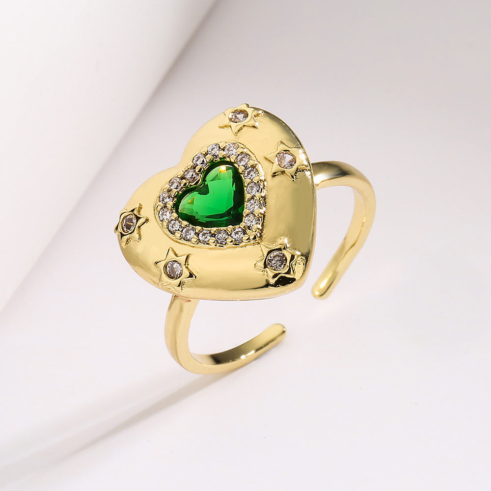 Vintage Geometric Open Ring for Women with Copper Base Plated in 18K Gold and Inlaid with Zircon Heart Accent