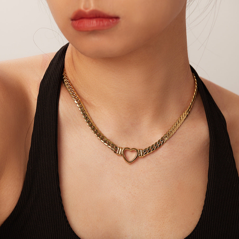 INS Style Heart Shaped Stainless Steel Cuban Necklace with Gold Plated Hollow Flat Snake Chain for Women
