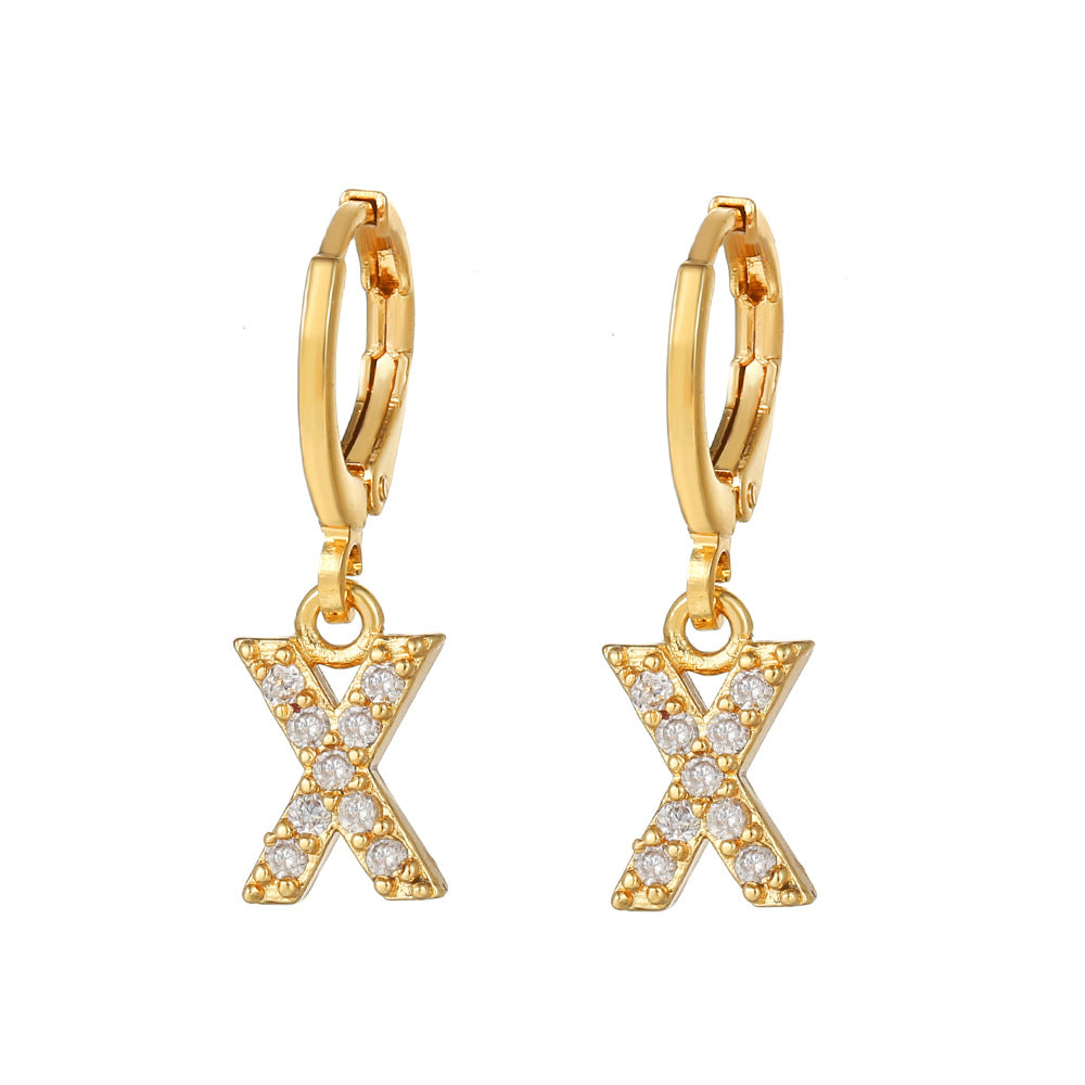 Minimalist Elegant Gold Plated Brass Micro-Inlaid Cubic Zirconia Letter Hoop Earrings for Women