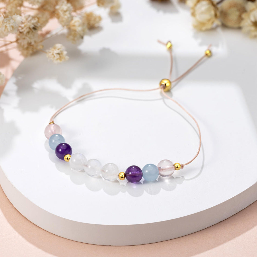 Natural Agate and Pink Crystal Beaded Bracelet Adjustable Geometric Round Handmade Jewelry for Unisex