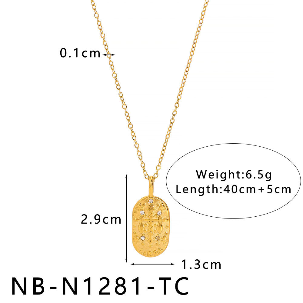 Minimalist Square Zodiac Pendant Necklace in Stainless Steel with Rhinestone Inlay and 18K Vacuum Plating for Women