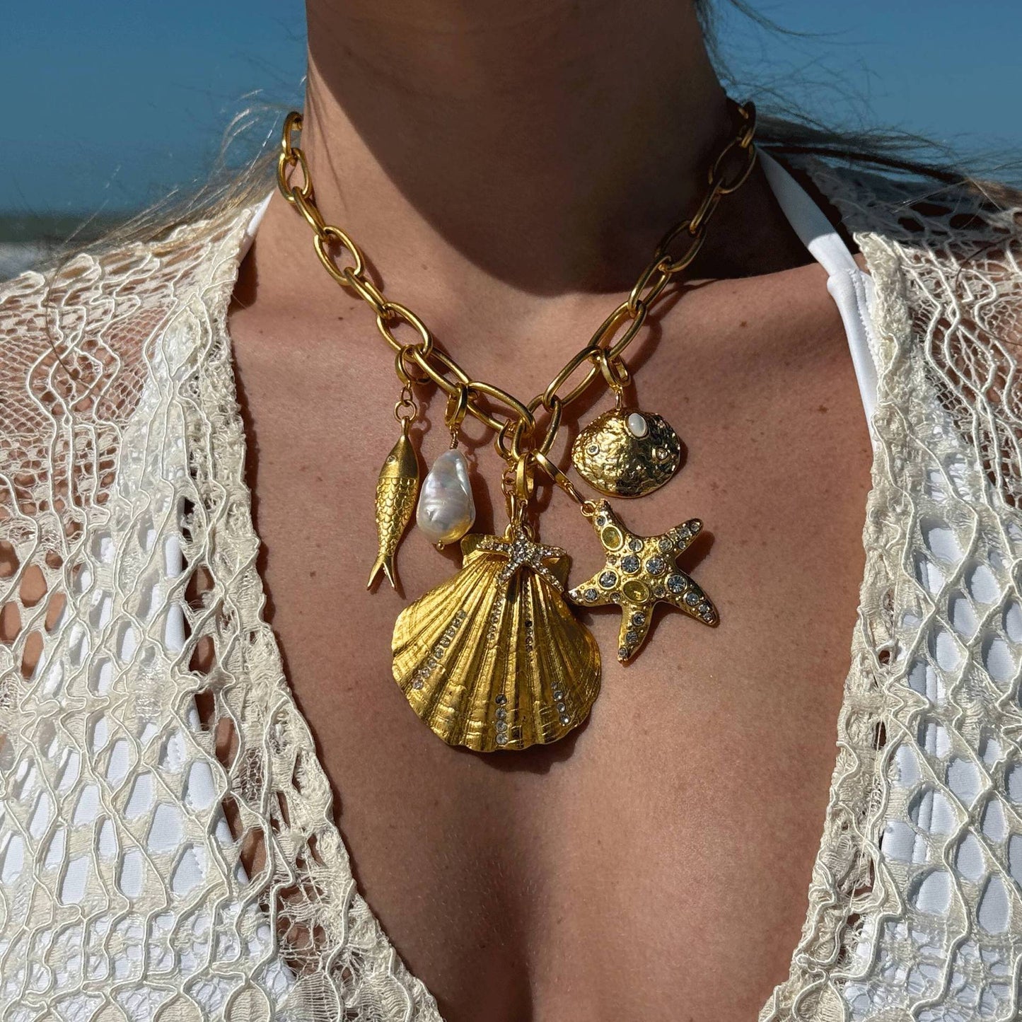 Barra de dijes de perla, pez, coral, caracola, caballito de mar, estrella de mar, corazón, de latón chapado, minimalista