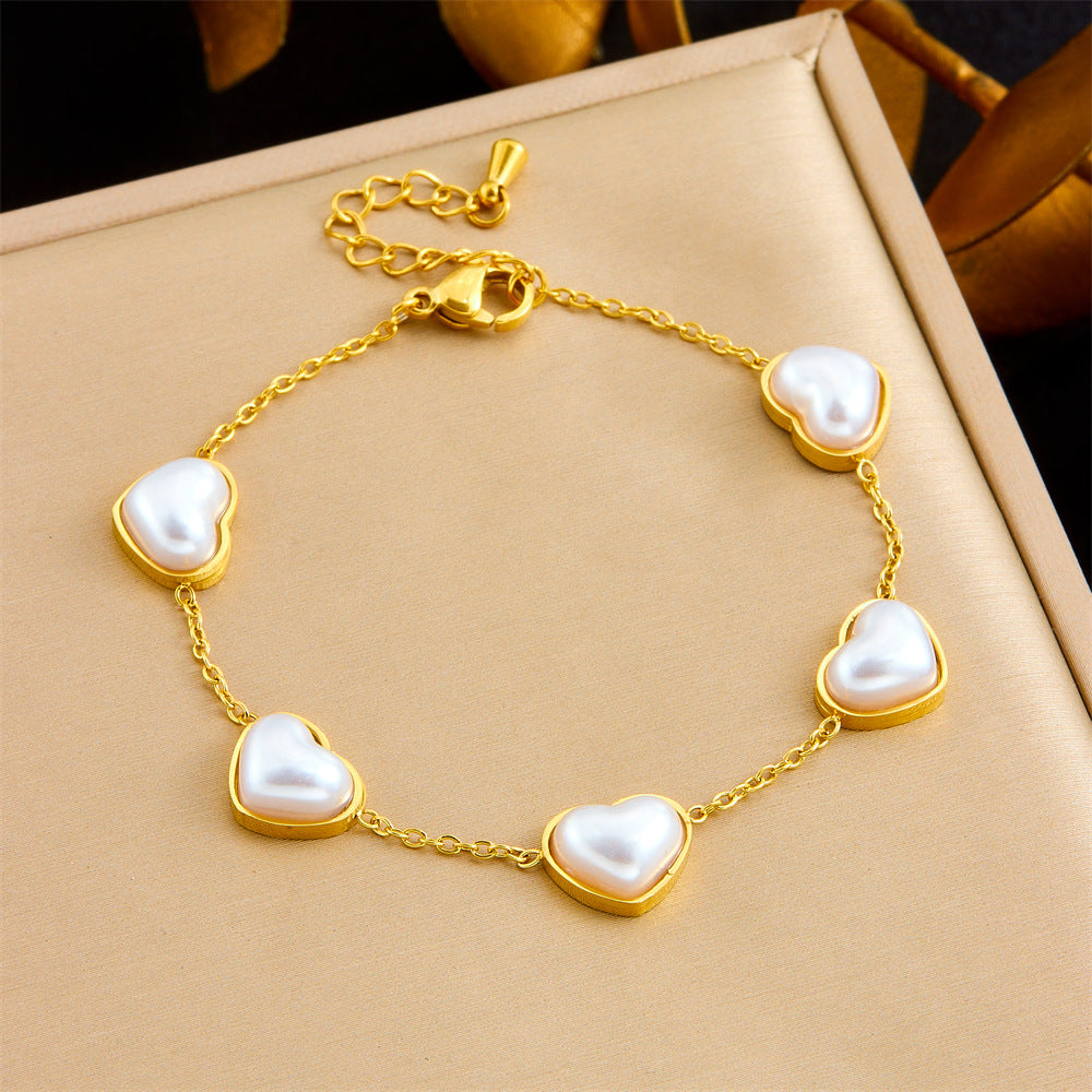 Minimalist Vintage Gold Plated Stainless Steel Heart Teardrop Pearl Jewelry Set with Cable Chain