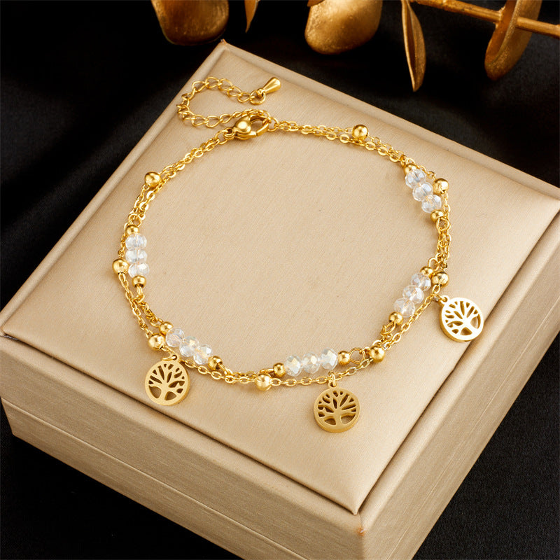 Fashion Heart White Shell Life Tree Butterfly Anklet for Women Stainless Steel Jewelry
