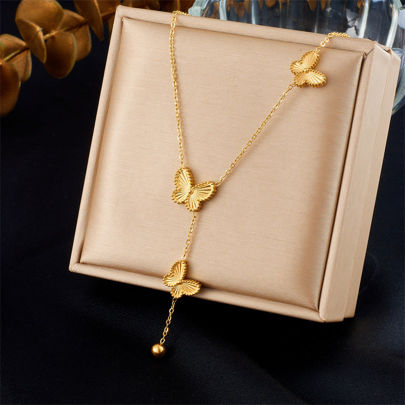 Elegant Gold Plated Stainless Steel Butterfly Ball Chain Necklace and Bracelet Set