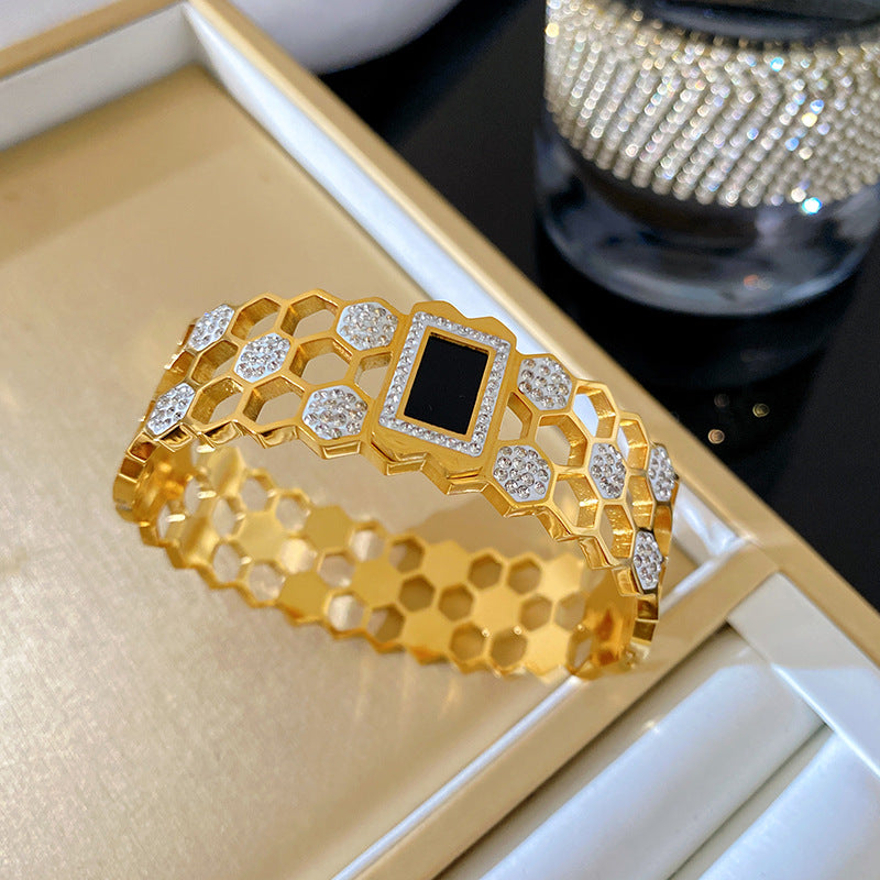 Geometric Honeycomb Plated Titanium Steel Bracelet with Rhinestone for Women