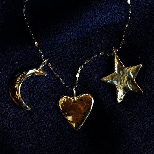Elegant Gold Plated Brass Heart Moon Star Charm Bar Necklace for Women