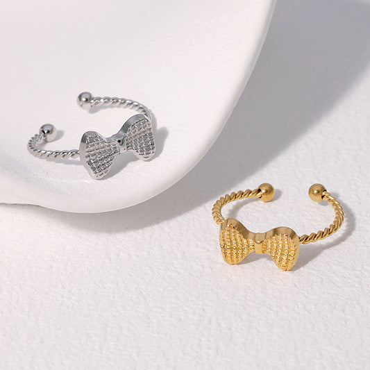 Sweet Minimalist Gold Plated Stainless Steel Bow Ring for Women