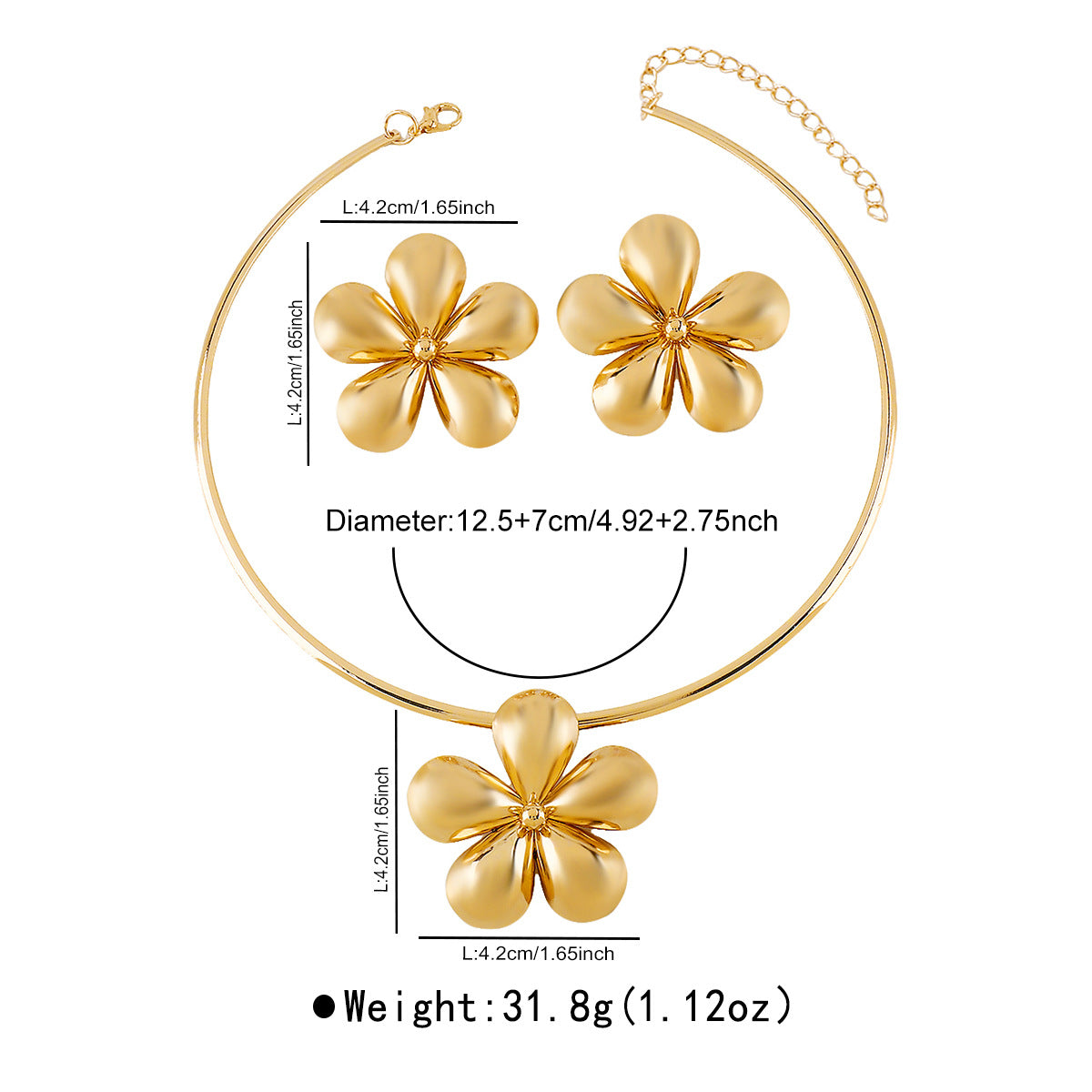 Vintage Floral Alloy Earrings and Necklace Set with Gold-Plated Finish for Women
