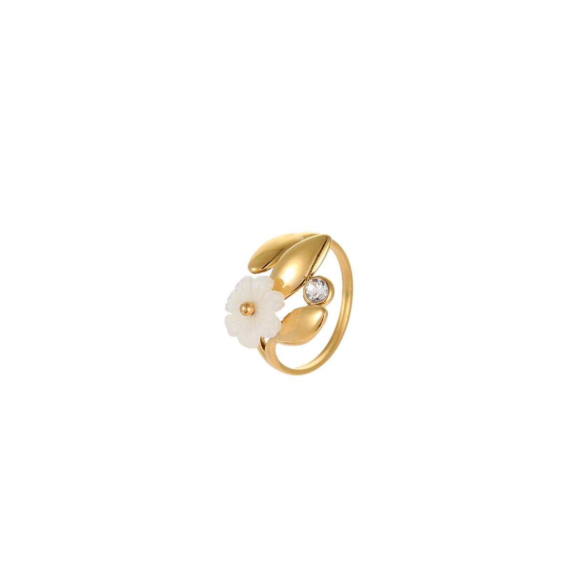 Elegante anello aperto da donna in acciaio inossidabile con perle e motivo floreale, placcato in oro 18 carati