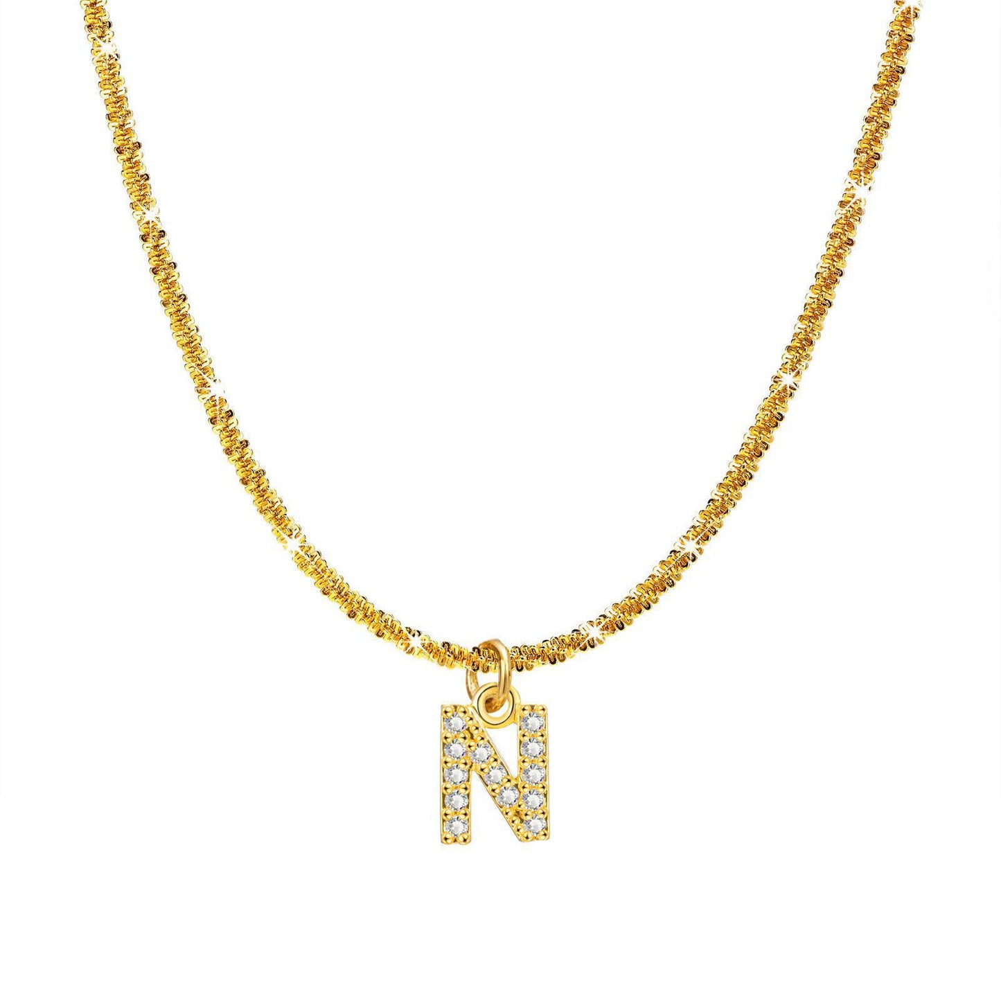 Collana da Donna Minimalista a Forma di Lettera in Acciaio al Titanio con Zirconi Intarsiati e Catena Ondulata