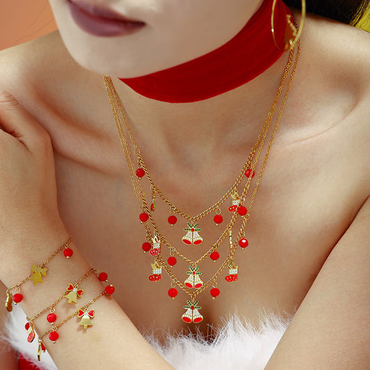 Set Collana con Ciondolo Ruota Panoramica di Lusso con Catena in Acciaio Inossidabile, Intarsio in Zirconi, Ciondolo in Agata Rossa Smaltata e Motivo Campanella Natalizia per Donna