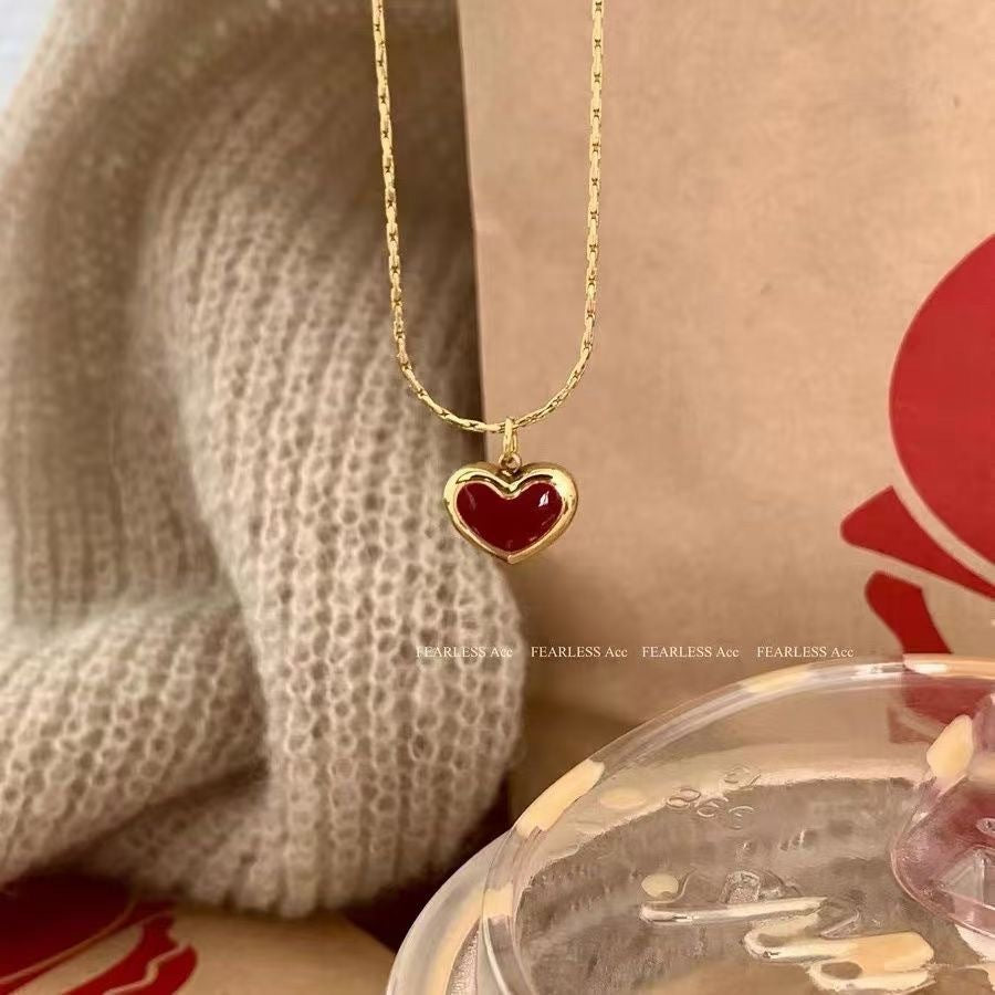 Minimalist Heart-Shaped Enamel Pendant Necklace in Titanium Steel with Snake Chain for Women
