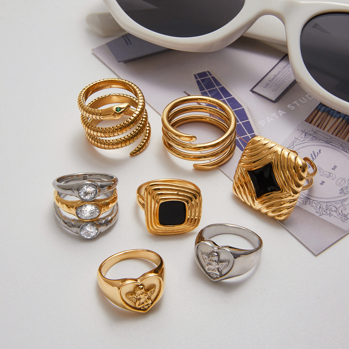 Elegant Geometric Drip Oil Plated Titanium Steel Ring with Cubic Zirconia for Women