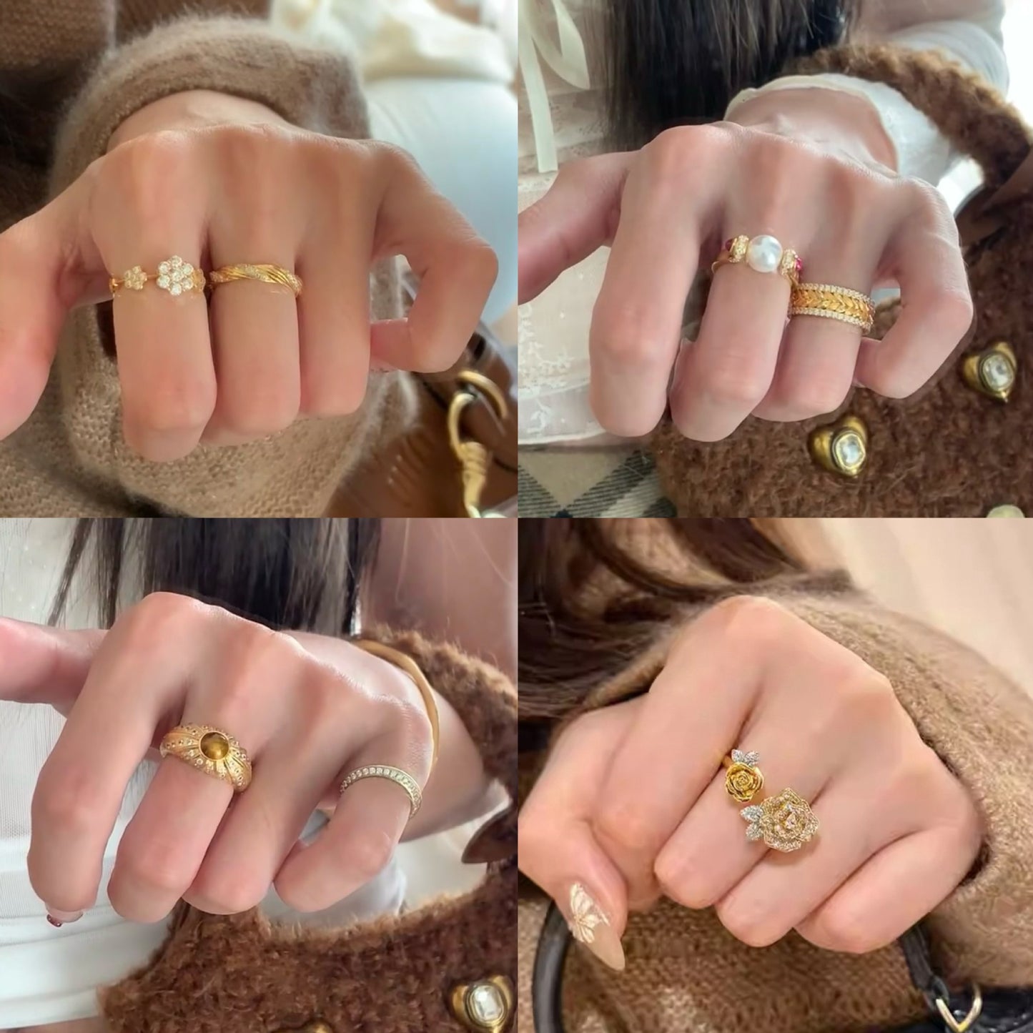 Anello da donna aperto a rombo a forma di fiore di iris in rame con intarsio di zirconi, ispirato al vintage